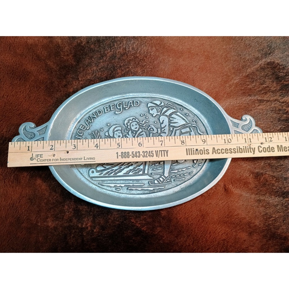 Vtg‎ Pewter Phila House Serving Tray Oval Dish Christmas Rejoice Be Glad Israel - Picture 6 of 8